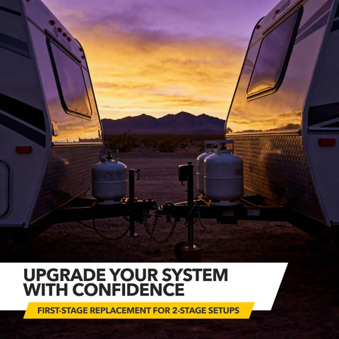 Propane regulator for RV LP gas system; two propane tanks mounted on trailer hitch at sunset in desert