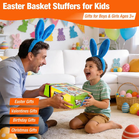 Father and son exchanging gift with Easter basket stuffers for kids featuring race track set, balloons, and decorations.