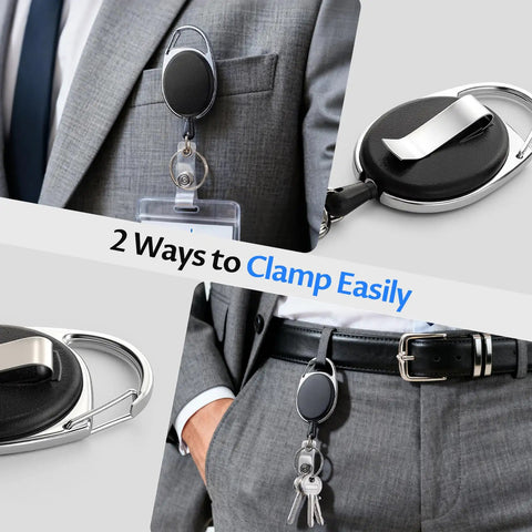 20 Pack Retractable Badge Holders With Carabiner Reel Clip For ID Cards And Keys shown clipped on suit