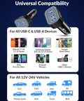 Top Tier Ninety Watt USB C Car Charger With Four Hella Fast Ports For Lightning Quick Cigarette Lighter Power Delivery And Rock Solid Mobile Charging Gear, showing compatibility with various USB devices.