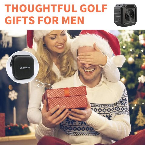 Couple exchanging gifts with Go-To Golf Cart Speaker With Storage Case Magnetic Bluetooth Speaker package displayed