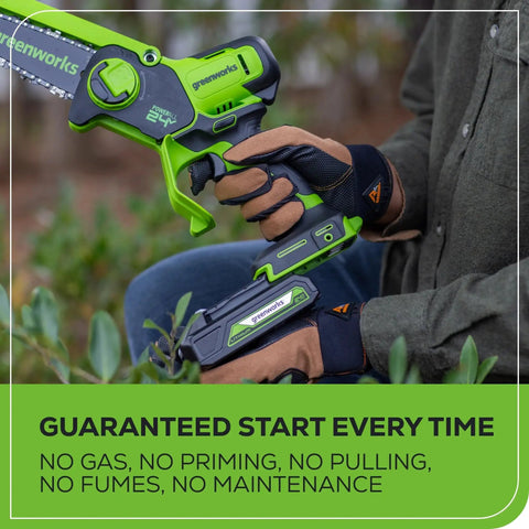 Ultra Compact 24V Cordless Mini Chainsaw Featuring 6 Inch Cut Bar demonstrating ergonomic grip for easy one-handed use.