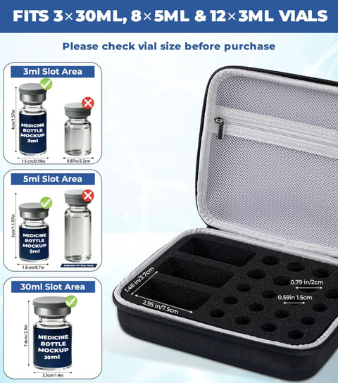 Fridge Ready Peptide Storage Case For Vials And BAC Water Insulin Fridge Holder with foam slots and mesh pocket