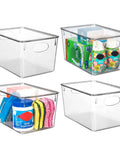 Hella Organized Plastic Storage Bins With Lids, Big Capacity Deep Containers For Pantry Fridge And Cube Shelves In A Four Pack, featuring clear bins filled with cleaning supplies.