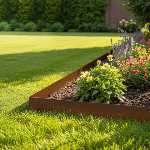 Heavy Duty Galvanized Steel Landscape Edging Kit 20 Ft Total Length 6 Pack 6.5 Inch Tall and 40 Inch Long Edging With 7 Stakes Bronze Powder Coated Easy Hammer In Lawn Border For Yard Pathways And Garden Beds used to neatly define a vibrant garden bed with flowers and plants