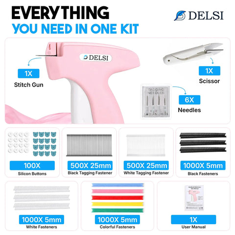Plug And Play Tagging Machine For Clothing Merchants Loaded With Four Thousand Heavy Duty Fasteners Six Durable Needles Plus Bonus Silicone Anchors and accessories.
