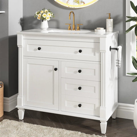 Space Saving 36 Inch Bathroom Vanity With Smooth Integrated Sink And Sturdy Adjustable Solid Wood Legs To Level Out Uneven Floors Without Sweat Plus Vintage Vibe Free Standing Cabinet With Roomy Drawers And Classic Towel Bar For Easy Morning Routines
