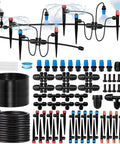 230 Ft Drip Irrigation Kit With Forty Emitters And Adjustable Sprinklers All In One Garden Water Saving System components displayed