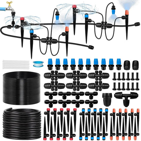 230 Ft Drip Irrigation Kit With Forty Emitters And Adjustable Sprinklers All In One Garden Water Saving System components displayed