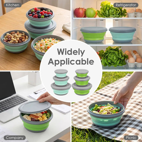 Collapsible Silicone Camping Bowl Set With Lids 6 Pack Food Grade Foldable Outdoor Tableware in various settings
