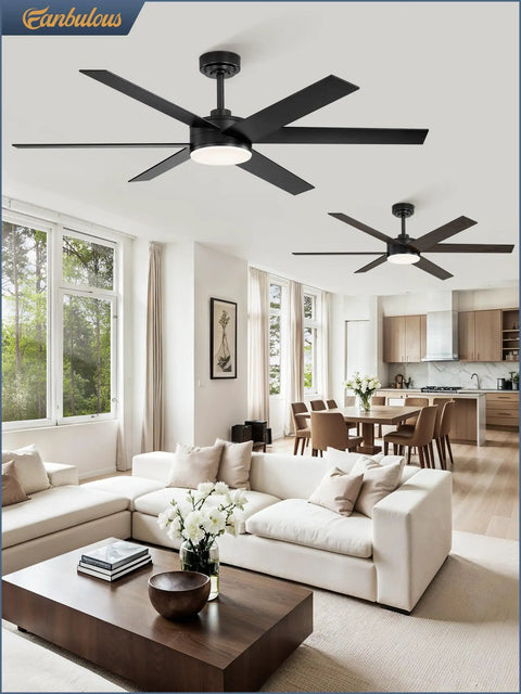 56 Inch Ceiling Fan With Lights And Remote Reversible 6 Blade DC Motor Dimmable LED in modern living room with black finish