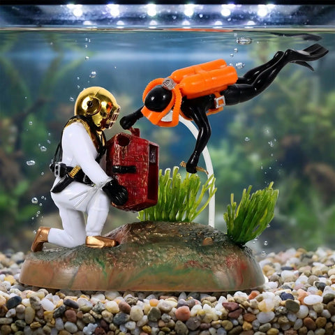 Floating Diver Treasure Chest Aquarium Ornament for fish tanks depicting diver with helmet opening treasure chest, underwater scene