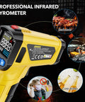 Non Contact Infrared Thermometer Gun With Adjustable Emissivity And Max Readout, Laser Guided 13 Point System, Temperature Range From -58F To 1472F, Pro Grade Temp Gun For Cooking, Freezer, Pizza, HVAC And Quick Surface Readouts, yellow handheld
