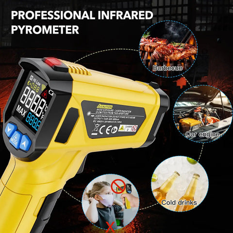 Non Contact Infrared Thermometer Gun With Adjustable Emissivity And Max Readout, Laser Guided 13 Point System, Temperature Range From -58F To 1472F, Pro Grade Temp Gun For Cooking, Freezer, Pizza, HVAC And Quick Surface Readouts, yellow handheld