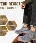 Welding Work Boots for Men With Steel Toe Safety and Slip On Comfort for Welders and Construction Pros Indestructible High Top Boots Built Tough for Real World Jobs, showing grey boots with wear-resistant rubber outsole being worn outdoors.