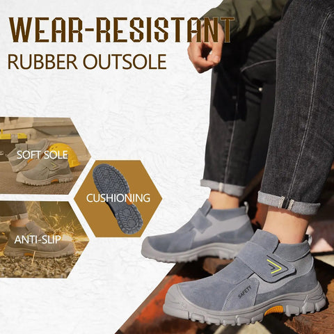 Welding Work Boots for Men With Steel Toe Safety and Slip On Comfort for Welders and Construction Pros Indestructible High Top Boots Built Tough for Real World Jobs, showing grey boots with wear-resistant rubber outsole being worn outdoors.