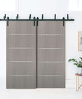 Grey Oak Built To Last Double Barn Bypass Doors 84x96 with 6.6ft Heavy Duty Steel Rail Kit installed in a room