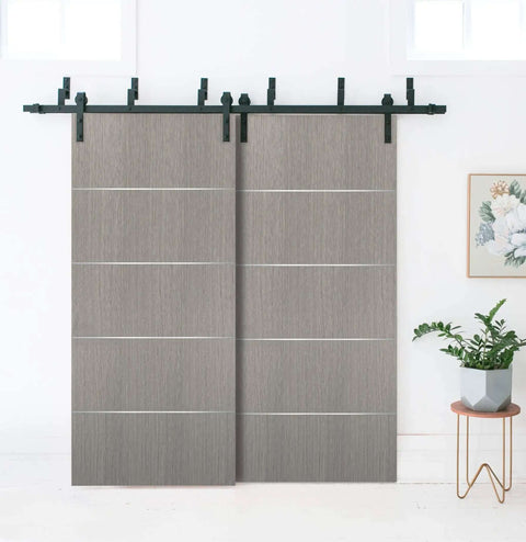 Grey Oak Built To Last Double Barn Bypass Doors 84x96 with 6.6ft Heavy Duty Steel Rail Kit installed in a room
