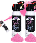 Hella Dope Gender Reveal Smoke Powder Spray Canister With Extended Range Eco Friendly Biodegradable Corn Starch Party Cloud For Boys Blue And Girls Pink Celebration Vibes in hand with pink mist and powder.