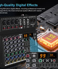 Six Channel DJ Mixer For Home Studio Beatmaking Boss Performance With USB Audio Interface, 99 DSP Effects, close-up view