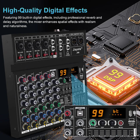 Six Channel DJ Mixer For Home Studio Beatmaking Boss Performance With USB Audio Interface, 99 DSP Effects, close-up view