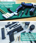 Gun cleaning kit components with a pistol and cleaning brushes on a green mat
Disassembled handgun parts laid out on a light surface with cleaning tools nearby