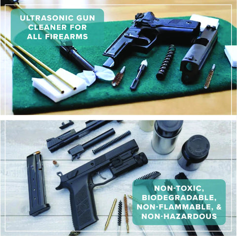 Gun cleaning kit components with a pistol and cleaning brushes on a green mat
Disassembled handgun parts laid out on a light surface with cleaning tools nearby