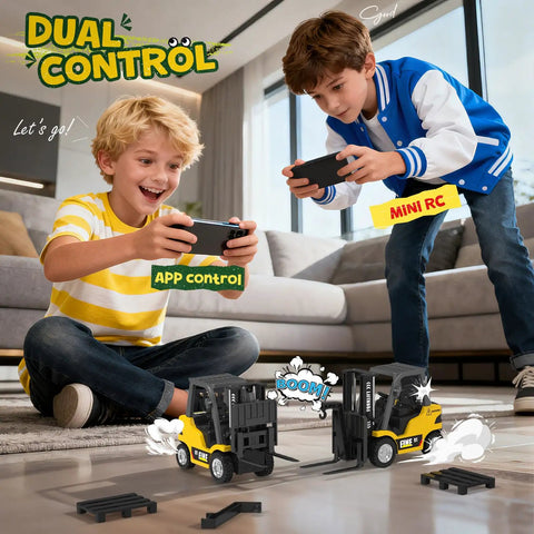 Children playing with Mini RC Forklift 1 to 64 Scale Alloy Toy With App Programmable Path And Bluetooth Remote Control indoors