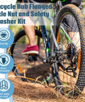Cyclist on mountain bike with focus on rear wheel, promoting Beefy 24 Piece Bike Wheel Axle Nut And Safety Washer Kit.