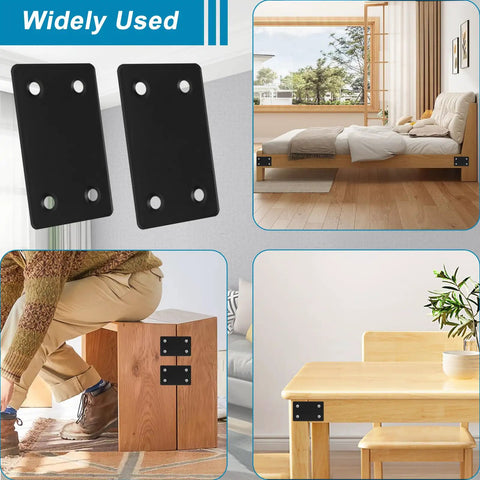 Heavy Duty Black Mending Plates 50 Pack 3.15X1.5 Inch stainless steel brackets used for reinforcing furniture and framing.