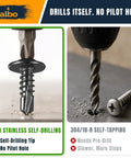 Pro Grade Black Stainless Steel Self Drilling Screws 100 Pack Size Eight By Two Inch Truss Head demonstrating self-drilling feature.