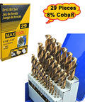 29-Piece Twist Drill Bit Set With 8 Percent Cobalt M42 displayed with packaging, ideal for hardened steel and cast iron drilling.