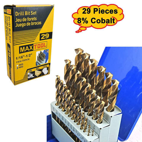 29-Piece Twist Drill Bit Set With 8 Percent Cobalt M42 displayed with packaging, ideal for hardened steel and cast iron drilling.
