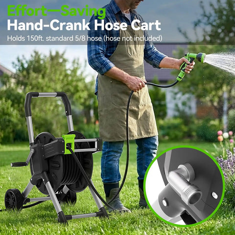 Garden Hose Reel Cart With 150 Feet Of 5/8 Inch Hose, Aluminum Frame, Rust Resistant Reel in use on lawn
