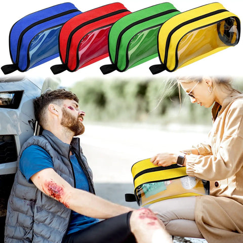 Four Piece Color Coded First Aid Pouches Set With Transparent Window For Easy Visibility Zippered Medical Supply Bags In Red Yellow Blue Green On The Go Travel Organizer For Home Office And Emergency Kits displayed in emergency use