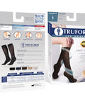 Women Knee High Compression Socks 15-20 MmHg Moderate Graduated Support Lightweight Breathable Rib Knit Dress Stockings In Brown packaging showing features and sizes