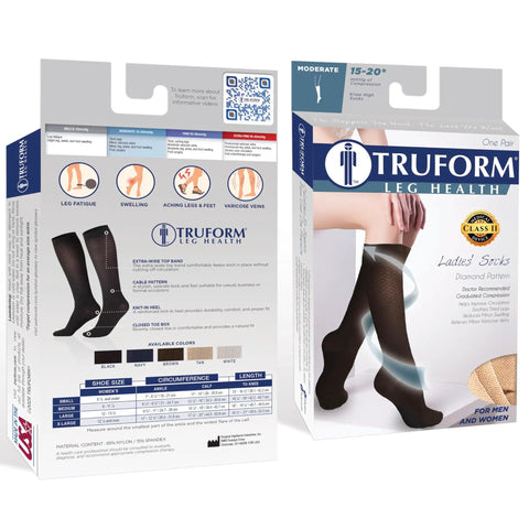 Women Knee High Compression Socks 15-20 MmHg Moderate Graduated Support Lightweight Breathable Rib Knit Dress Stockings In Brown packaging showing features and sizes