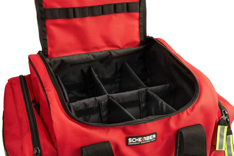 Scherber red emergency first responder bag opened to show black modular interior compartments.