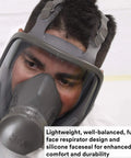 Person wearing Full Face Respirator Kit For Mold Remediation 6900, Reusable, Large, gray facepiece with clear shield