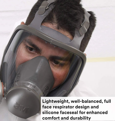 Person wearing Full Face Respirator Kit For Mold Remediation 6900, Reusable, Large, gray facepiece with clear shield
