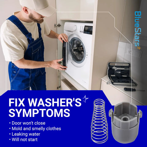 Man fixing washer with Washer Magnetic Door Plunger Replacement Part For LG And Kenmore Elite Washers, toolbox visible.