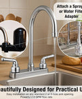 Modern High Arc Kitchen Sink Faucet with Polished Chrome Finish shown with water stream and two lever operation