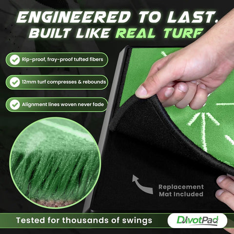 Image shows patented golf training mat with real give, 12 mm tufted turf, replacement mat, alignment lines, extra pad visible.