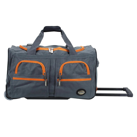 22 Inch Polyester Rolling Duffel Bag With Expandable Design, Full Lining And Internal Handle, Charcoal Color, Two Large Front Pockets