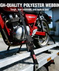 Beefy Heavy Duty Ratchet Straps 1 Inch By 15 Feet, 1650 Lbs Break Strength, 4 Pack securing red motorcycle on trailer