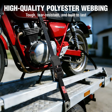 Beefy Heavy Duty Ratchet Straps 1 Inch By 15 Feet, 1650 Lbs Break Strength, 4 Pack securing red motorcycle on trailer