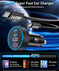 90W 4 Port Car Charger With USB C And USB A Fast Charge Dual USB C PD3.0 And USB A QC3.0 Cigarette Lighter Adapter Includes 240W Type C Cable Powers Samsung Galaxy S25 S24 S23 S26 Pixel And Android Devices On The Go, shown with cable and charging port.