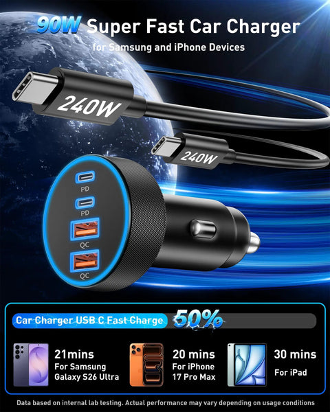 90W 4 Port Car Charger With USB C And USB A Fast Charge Dual USB C PD3.0 And USB A QC3.0 Cigarette Lighter Adapter Includes 240W Type C Cable Powers Samsung Galaxy S25 S24 S23 S26 Pixel And Android Devices On The Go, shown with cable and charging port.