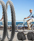 Two Pack Beach Cruiser Bike Tires 26x2.125 With Inner Tubes And Tire Levers, Durable Rubber, with bikes by the sea