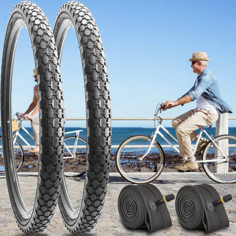 Two Pack Beach Cruiser Bike Tires 26x2.125 With Inner Tubes And Tire Levers, Durable Rubber, with bikes by the sea